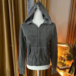 VTG 00s/Y2K Hurley Women Gray Zip Up Hoodie Rhinestone Embellished Skater Size M